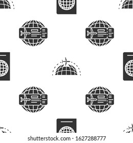 Set Passport with biometric data, Globe with flying plane and Airline ticket on seamless pattern. Vector
