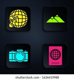 Set Passport with biometric data, Globe with flying plane, Photo camera and Mountains. Black square button. Vector
