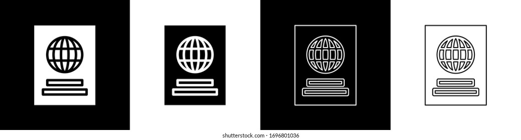 Set Passport with biometric data icon isolated on black and white background. Identification Document.  Vector Illustration