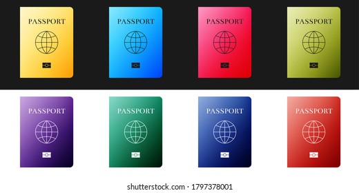 Set Passport with biometric data icon isolated on black and white background. Identification Document. Vector.