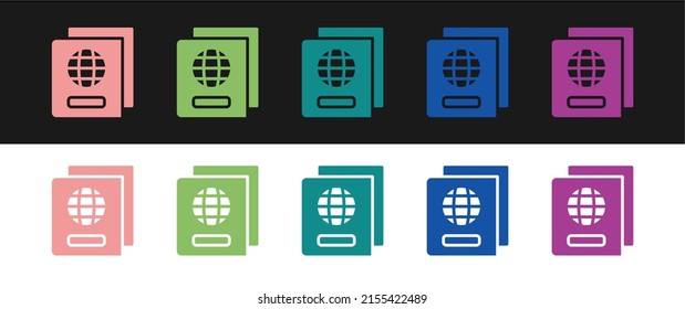 Set Passport with biometric data icon isolated on black and white background. Identification document.  Vector