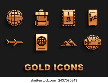 Set Passport with biometric data, Infographic of city map navigation, Airline ticket, Egypt pyramids, Plane, Postal stamp and Eiffel tower, Earth globe and Hiking backpack icon. Vector