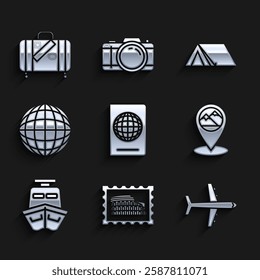 Set Passport with biometric data, Postal stamp and Coliseum, Plane, Map pointer mountain, Ship, Earth globe, Tourist tent and Suitcase for travel stickers icon. Vector