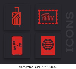 Set Passport with biometric data, Suitcase for travel and stickers, Postal stamp and Coliseum and Infographic of city map navigation icon. Vector