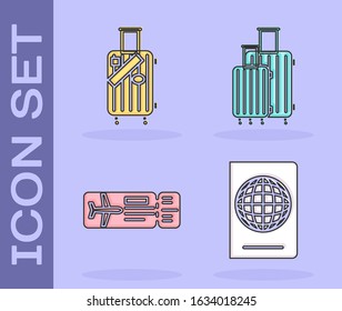 Set Passport with biometric data, Suitcase for travel and stickers, Airline ticket and Suitcase for travel icon. Vector