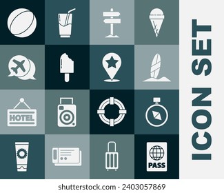 Set Passport, Compass, Surfboard, Road traffic signpost, Ice cream, Speech bubble with airplane, Beach ball and Map pointer star icon. Vector