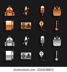 Set Passport, Cooler bag and water, Meteorology thermometer, Kite, Towel on hanger, Ice cream, Hiking backpack and Kayak canoe paddle icon. Vector