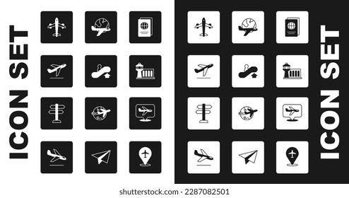 Set Passport, Escalator up, Plane takeoff, Airport control tower, Globe with flying plane,  and Road traffic sign icon. Vector