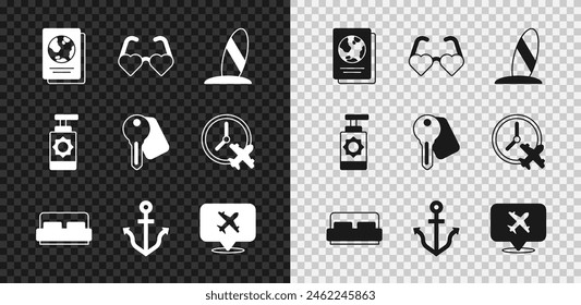 Set Passport, Heart shaped love glasses, Surfboard, Hotel room bed, Anchor, Speech bubble with airplane, Sunscreen spray bottle and door lock key icon. Vector