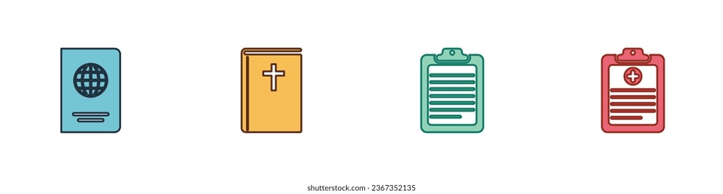 Set Passport, Holy bible book, Clipboard with document and Clinical record icon. Vector