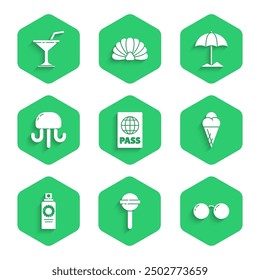 Set Passport, Lollipop, Glasses, Ice cream in waffle cone, Sunscreen spray bottle, Jellyfish, protective umbrella for beach and Martini glass icon. Vector