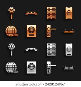 Set Passport, Mobile with closed padlock, Flasher siren, Door handle, Social network, Server, Data, Web Hosting, Magnifying glass Search and Thief eye mask icon. Vector