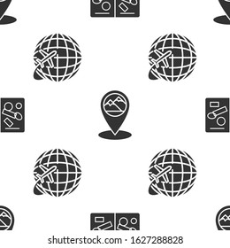 Set Passport pages with visa stamps, Map pointer with mountain and Globe with flying plane on seamless pattern. Vector