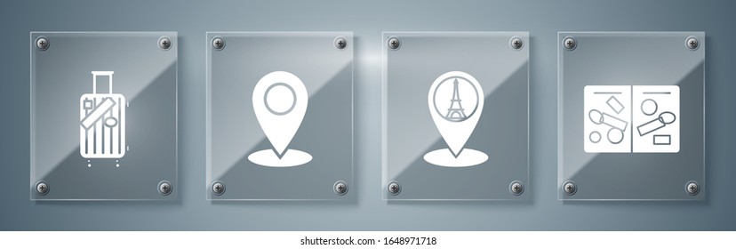 Set Passport pages with visa stamps, Map pointer with Eiffel tower, Map pin and Suitcase for travel and stickers. Square glass panels. Vector