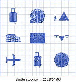 Set Passport pages with visa stamps, Suitcase for travel and stickers, Earth globe, Drone flying action video camera, Plane, Coliseum Rome, Italy, Tourist tent wood fire and  icon. Vector
