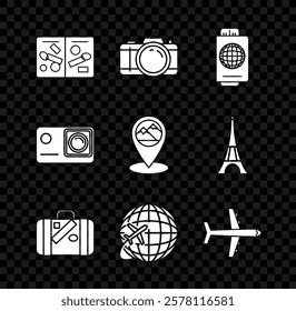 Set Passport pages with visa stamps, Photo camera, ticket, Suitcase for travel and stickers, Globe flying plane, Plane, Action extreme and Map pointer mountain icon. Vector