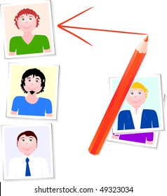 Set of passport photos men showing a preference in pencil. Vector