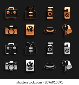 Set Passport, Please do not disturb, Hotel door lock key, Man hat with ribbon, Photo camera, Sunscreen spray bottle, Suitcase and Life jacket icon. Vector
