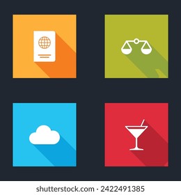 Set Passport, Scales of justice, Cloud and Martini glass icon. Vector