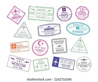 Set of Passport Stamps, Visa Travel Destination Signs. Airport Control, Immigration, International Departure, Arrival Document. Foreign Journey Border, Trip. Vector Illustration, Icons Collection