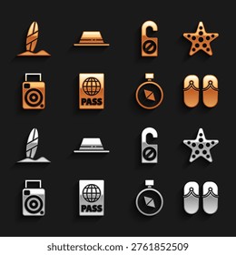 Set Passport, Starfish, Flip flops, Compass, Photo camera, Please do not disturb, Surfboard and Man hat with ribbon icon. Vector