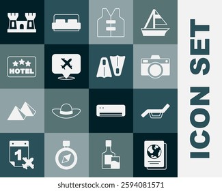 Set Passport, Sunbed and umbrella, Photo camera, Life jacket, Speech bubble with airplane, Signboard text Hotel, Sand castle and Rubber flippers for swimming icon. Vector