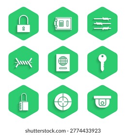 Set Passport, Target, Motion sensor, Key, Safe combination lock, Barbed wire,  and Lock icon. Vector