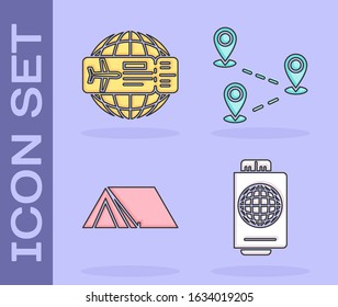 Set Passport with ticket, Airline ticket, Tourist tent and Route location icon. Vector