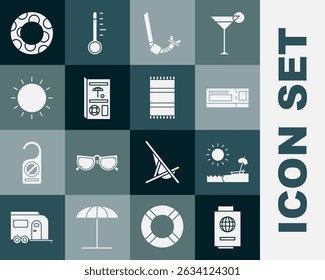 Set Passport with ticket, Beach umbrella and chair, Travel, Snorkel, brochure, Sun, Rubber swimming ring and towel icon. Vector