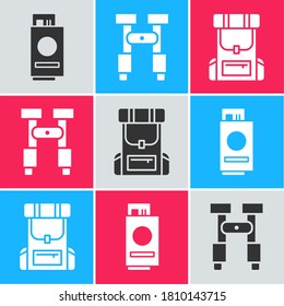 Set Passport with ticket, Binoculars and Hiking backpack icon. Vector