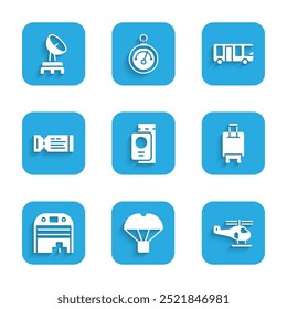 Passaporte com bilhete, Caixa voando no paraquedas, Helicóptero, Mala, hangar de aeronaves, Companhia aérea, ônibus do aeroporto e ícone Radar. Vetor