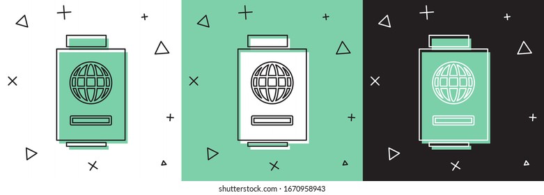 Pass mit Ticketsymbol einzeln auf weißem und grünem, schwarzem Hintergrund festlegen. Identifizierungsdokument. Konzept Reisen und Tourismus. Vektorillustration-Illustration