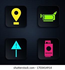 Set Passport with ticket, Location, Exclamation mark in triangle and Cinema camera. Black square button. Vector