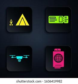 Set Passport with ticket, Tourist tent with wood fire, Drone flying with action video camera and Travel ticket. Black square button. Vector