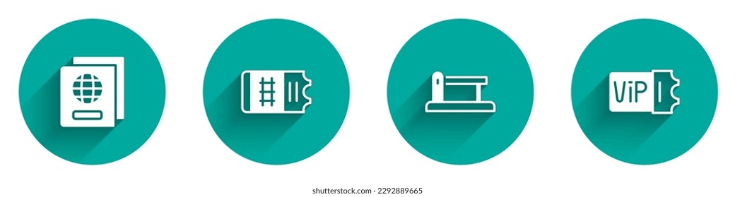 Set Passport, Train ticket, Railway barrier and  icon with long shadow. Vector