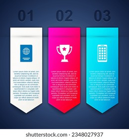 Set Passport, Trophy cup and Mobile Apps. Business infographic template. Vector