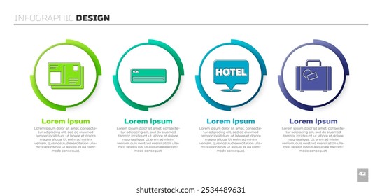 Defina o Passaporte com carimbo de visto, Ar condicionado, Localização do hotel e Mala. Modelo de infográfico comercial. Vetor