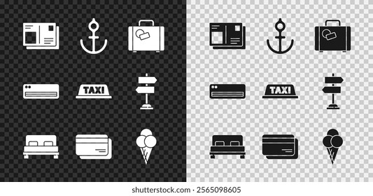 Set Passport with visa stamp, Anchor, Suitcase, Big bed, Credit card, Ice cream in waffle cone, Air conditioner and Taxi roof icon. Vector