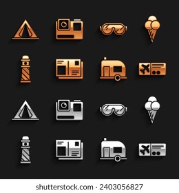 Set Passport with visa stamp, Ice cream in waffle cone, Airline ticket, Rv Camping trailer, Lighthouse, Ski goggles, Tourist tent and Action extreme camera icon. Vector