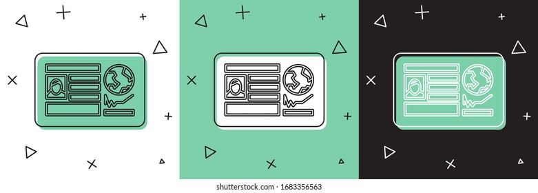 Set Passport with visa stamp icon isolated on white and green, black background. Identification Document.  Vector Illustration
