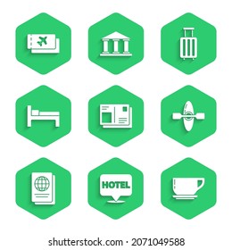 Set Passport with visa stamp, Location hotel, Coffee cup, Kayak canoe, Bed, Suitcase and Airline ticket icon. Vector
