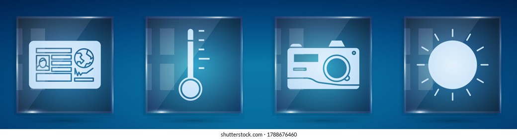 Set Passport with visa stamp, Meteorology thermometer, Photo camera and Sun. Square glass panels. Vector