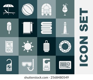 Set Passport with visa stamp, Rubber swimming ring, Lighthouse, Rafting boat, Towel on hanger, Ice cream, Sunbed and umbrella and stack icon. Vector