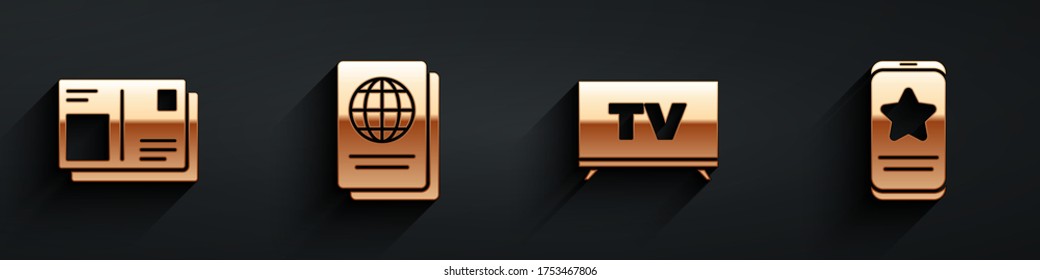 Set Passport with visa stamp, Passport, Smart Tv and Mobile with review rating icon with long shadow. Vector