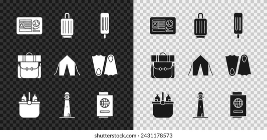 Set Passport with visa stamp, Suitcase, Ice cream, Cooler bag and water, Lighthouse, ticket, Hiking backpack and Tourist tent icon. Vector