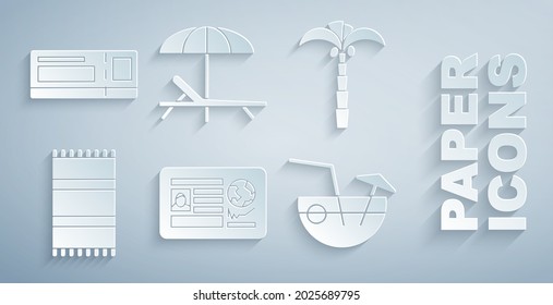 Set Passport with visa stamp, Tropical palm tree, Beach towel, Coconut cocktail, Sunbed and umbrella and Travel ticket icon. Vector