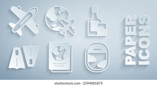 Set Passport, Whiskey bottle and glass, Rubber flippers for swimming, Airplane window, Globe with flying and Plane icon. Vector