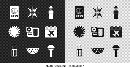 Conjunto de pasaporte, rosa de viento, botella de agua, maleta, sandía, piruleta, sol y icono de la cámara de fotos. Vector