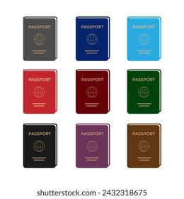 Set of passports of different cover colour. Nationalities and countries. Official personal identification travel document, id card. Simple graphic vector illustration, isolated on white stock image. 