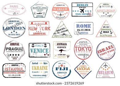 Set of passports stamps of different countries